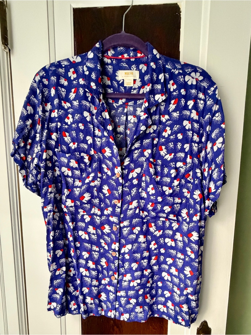 Maeve Blue Floral Short-Sleeve Button-Down Blouse with Red Accents